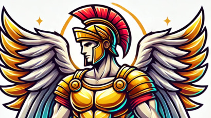 DALL·E 2025-02-14 14.22.05 - A vibrant, colorful 2D illustration of a muscular statue wearing angel wings. The statue has a stoic expression, a strong physique, and is dressed in .webp